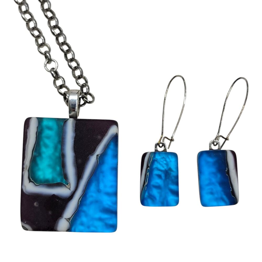 Artisan Fused Glass Pendant Necklace Dangle Earrings Set Blue Black Abstract